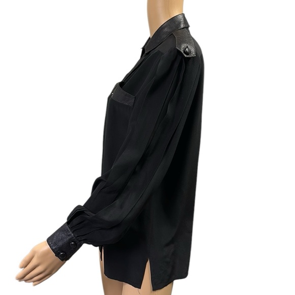 Silk Kenica Black with Textured Leather Accents 2 Pocket Long Sleeve Blouse 8 - Picture 2 of 12